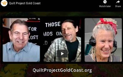 Keith Coffman-Grey, Neil Coffman-Grey and on-air host MB Hanrahan shown in three zoom panels discussing the Quilt Project Gold Coast