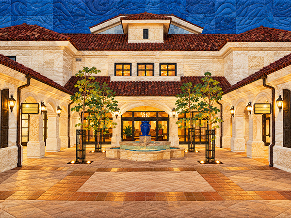 Exterior of Camarillo Public Library depicted as a handmade quilt
